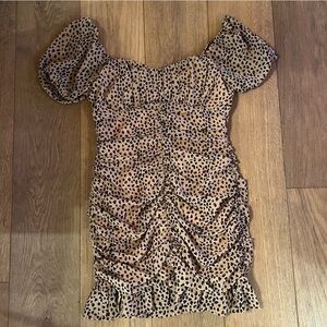 Cotton Candy LA brown black leopard ruched puff sleeve mini dress sz M coquette